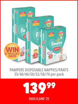 PAMPERS DISPOSABLE NAPPIES/PANTS 35/40/46/50/52/58/76 PER PACK - 139,99