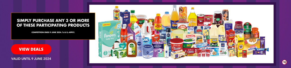 It’s our Big Low Price Carnival and you could stand a chance to win 1 of 150 Trolley Dashes. To enter this competition, buy any 3 or more participating products in-store! The competition ends 9 June 2024. Ts & Cs apply!