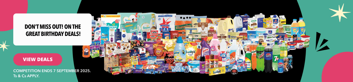 Celebrate with us and you could stand a chance to WIN. Buy 3 participating products in-store and stand a chance to win groceries for a year worth BWP 675,000. Offers valid until 7 September 2025. 