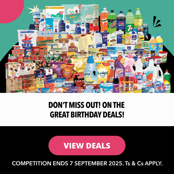 Celebrate with us and you could stand a chance to WIN. Buy 3 participating products in-store and stand a chance to win groceries for a year worth BWP 675,000. Offers valid until 7 September 2025. 