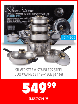 SILVER STEAM STAINLESS STEEL COOKWARE SET 12-PIECE PER SET