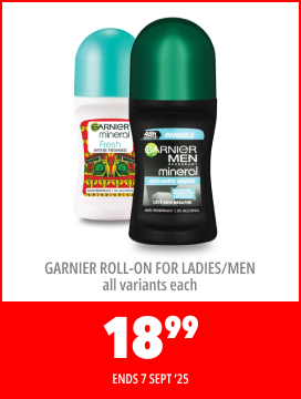 GARNIER ROLL-ON FOR LADIES/MEN ALL VARIANTS EACH, 18,99