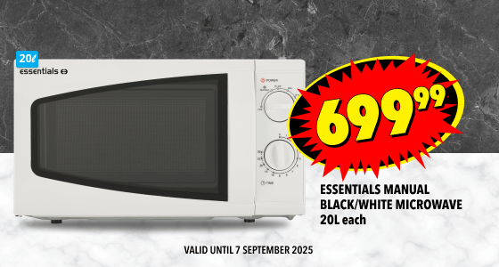 ESSENTIALS MANUAL BLACK/WHITE MICROWAVE 20L EACH, 699,99